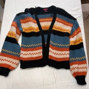 Oversized V-Neck Stripe Knit Cardigan - Blue/Orange/Black